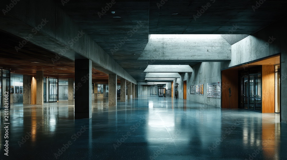 Fototapeta premium Inside an empty, vast, contemporary building hall featuring exposed concrete walls, polished floors reflecting natural light, and a minimalist design emphasizing space and modern architecture