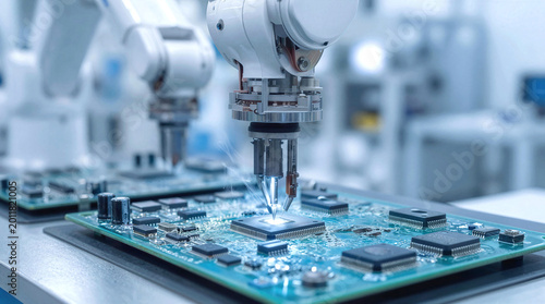 Industrial robotic arm assembling microchips on circuit board. High-tech electronics manufacturing process in clean room facility.