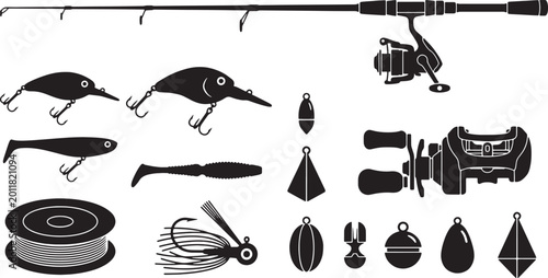 Photos Fishing tackle silhouettes set with rod, reels, lures, line spool, sinkers and b