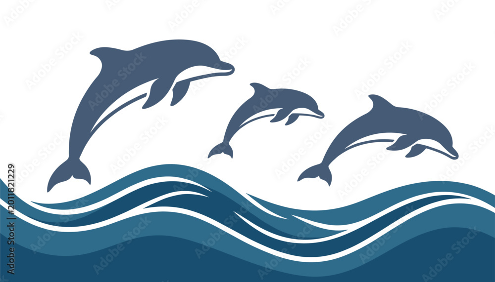Fototapeta premium Vector three dolphins jumping out of wavy ocean water