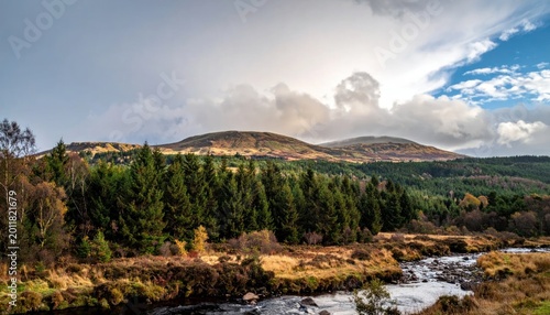 Scenic Scottish Highlands Landscape with River and Forest.