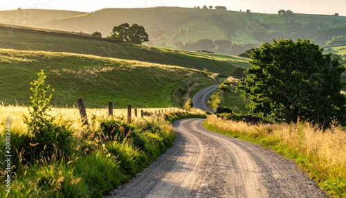 Scenic Winding Dirt Road Through Rolling Green Hills at Golden Hour.