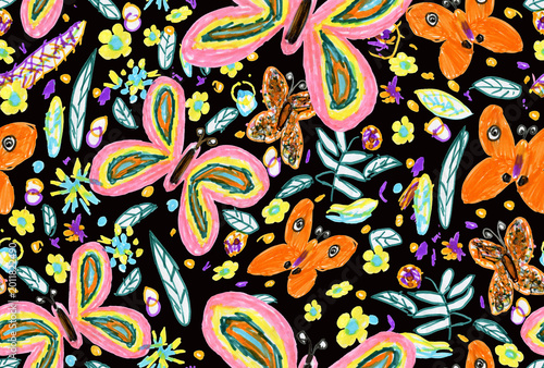 Summer joyful seamless patterns with butterflies and flowers in naive babys scribble on black background. Hand drawn chaotic linear textured surface with marker pens texture.