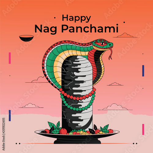 Φωτογραφία Traditional colorful vector art of cobra on shiva lingam for nag panchami