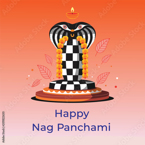Φωτογραφία Checkered pattern cobra serpent illustration for nag panchami festival greeting