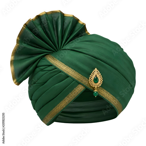 Elegant Emerald Green Turban with Gold Trim and Emerald Brooch Isolated on White Background for Traditional Indian Celebrations