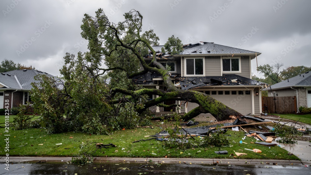 Fototapeta premium A large tree has fallen on a house causing significant damage to the roof and surrounding area with debris scattered everywhere.