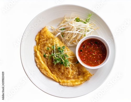 traditional thai crispy oyster omelette known as hoi tod served with fresh bean sprouts and spicy chili sauce on a white plate top view isolated delicious asian street food
