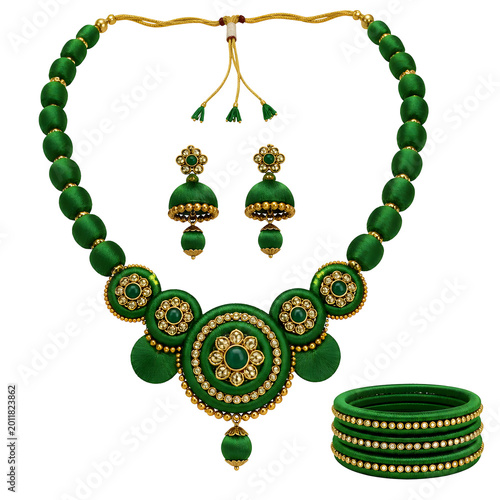 Vibrant Green Silk Thread Necklace Earring and Bracelet Set with Intricate Detailing and Golden Accents Ideal for Festive Occasions