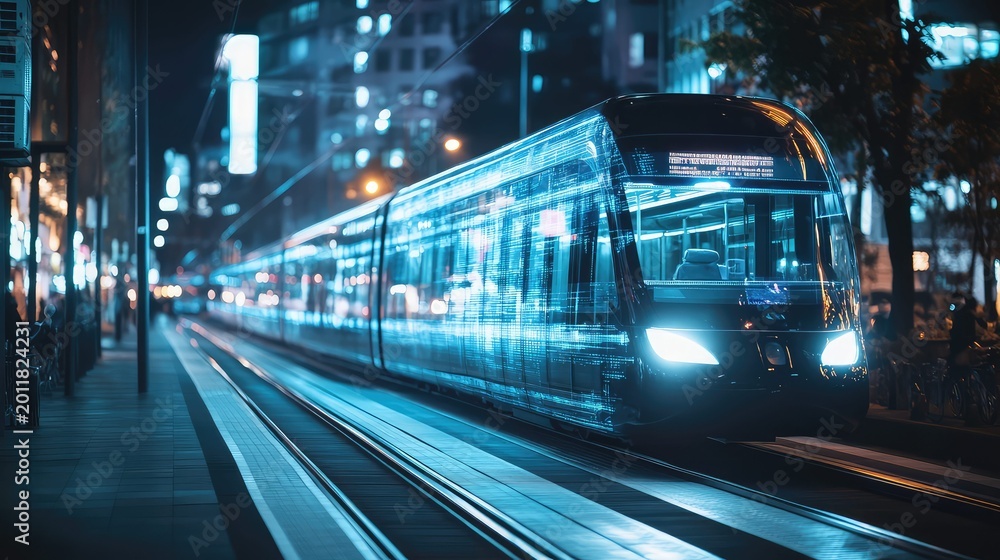 Fototapeta premium Modern electric tram with glowing blue light reflections traveling on tracks through a futuristic city at night, illustrating advanced public transportation and urban technology