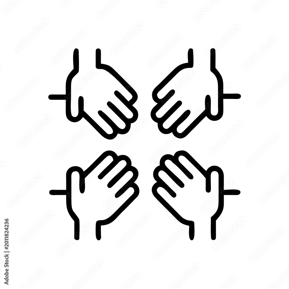 Obraz premium Four hands reaching center icon symbolizing cooperation unity community support and partnership.