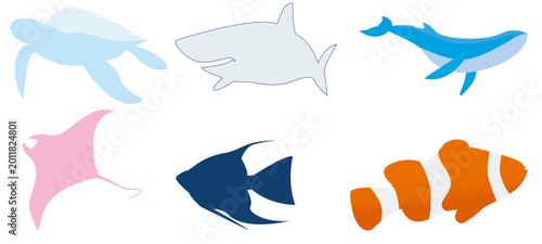 Obraz na plátně Celebrate World Oceans Day with these cute marine animal vectors: a turtle, shark, whale, stingray, and tropical fish