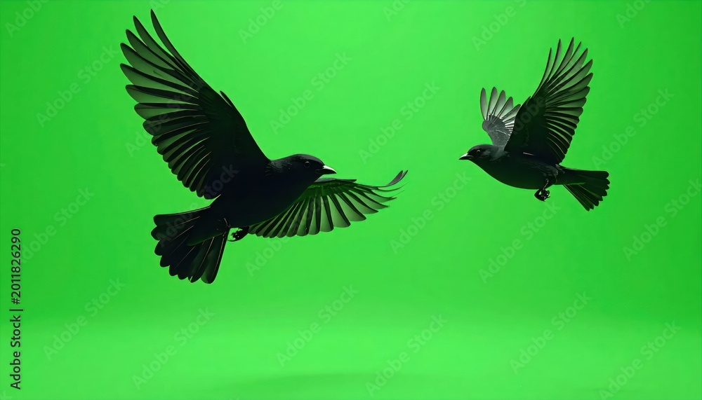 Fototapeta premium Black Birds Flying with Spread Wings Against Bright Green Background