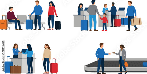 Airport and Travel Vector Set with Passengers, Luggage, Check-in Counters, Baggage Claim, and Travelers in Flat Cartoon Style for Travel, Tourism, and Airport Illustrations.