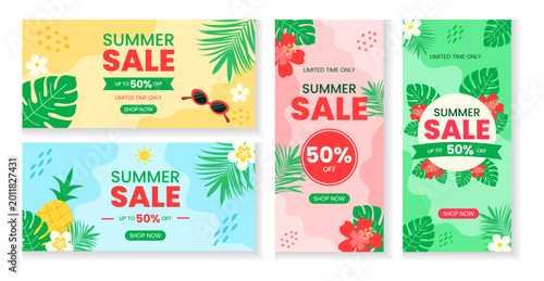 Summer sale modern flyers collection. Templates for  banners, print materials, shops, coupons, marketing, advertising,  flyers, invitations, posters, social media.Flat modern style.Vector illustration