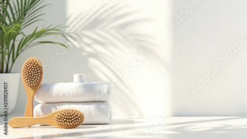 clean bathroom background with palm shadow towels and bamboo brushes beauty product mockup