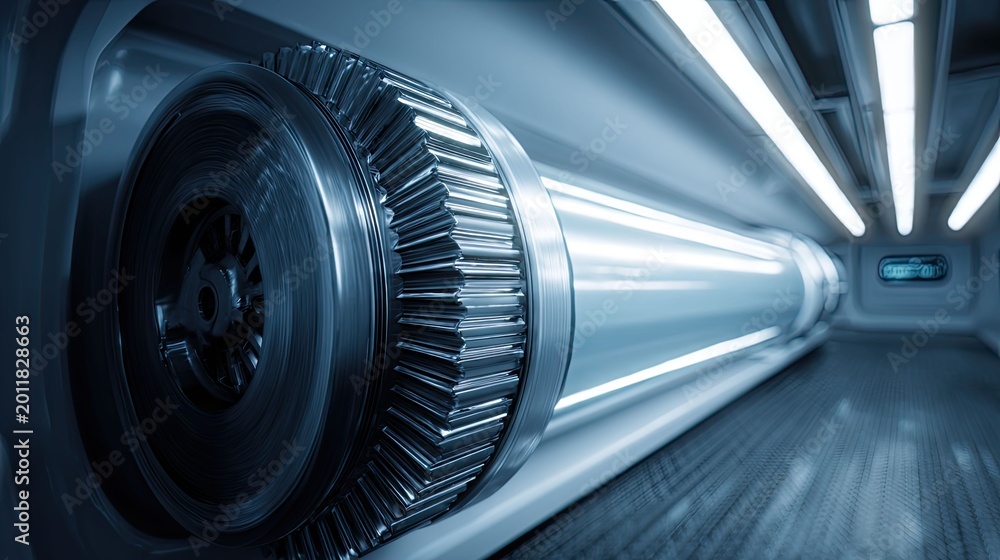 Fototapeta premium Large metallic gear is spinning rapidly, a key component in advanced machinery within a brightly lit, high tech industrial environment, symbolizing propulsion and innovation