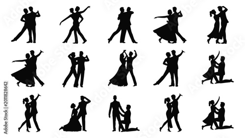 Obraz na płótnie Set of 15 Black Silhouettes of Dancing Couples Vector Illustration