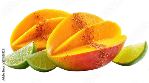 Sliced ripe mango cheeks with chili seasoning and fresh lime wedges isolated on transparent background