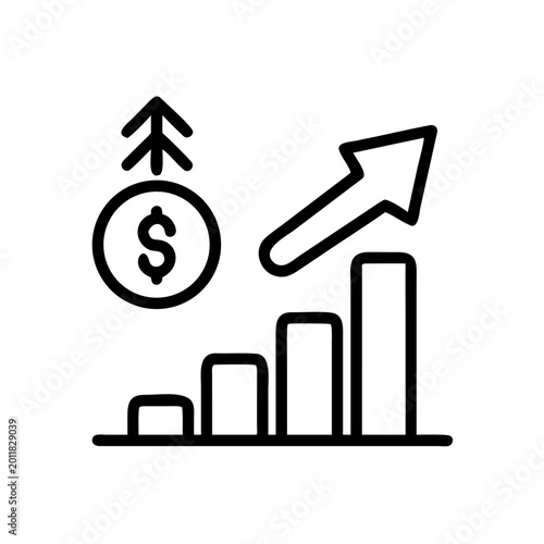Increasing bar chart with rising arrow and dollar coin icon indicating successful fund growth x.