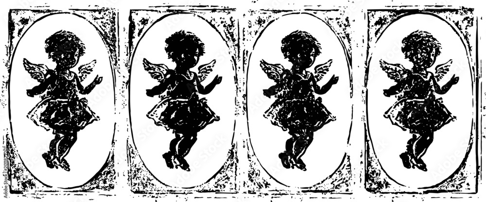 Fototapeta premium Vintage silhouette angels with wings in oval frames, black and white decorative design elements
