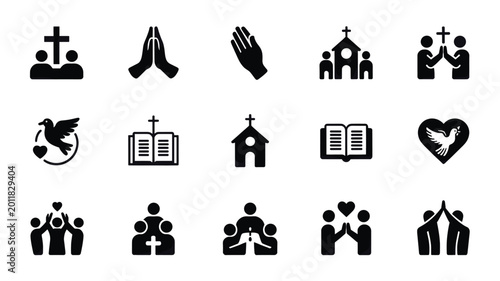 Set of 15 Black Christian Religion Icons Vector