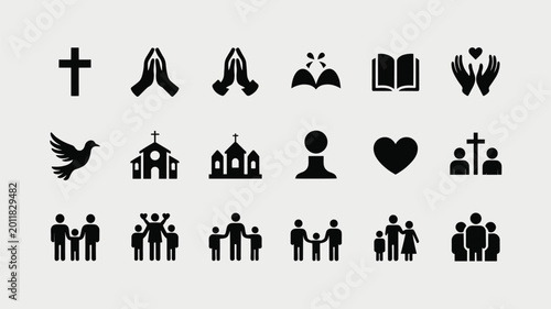 Set of 18 Black Christian Faith and Family Vector Icons