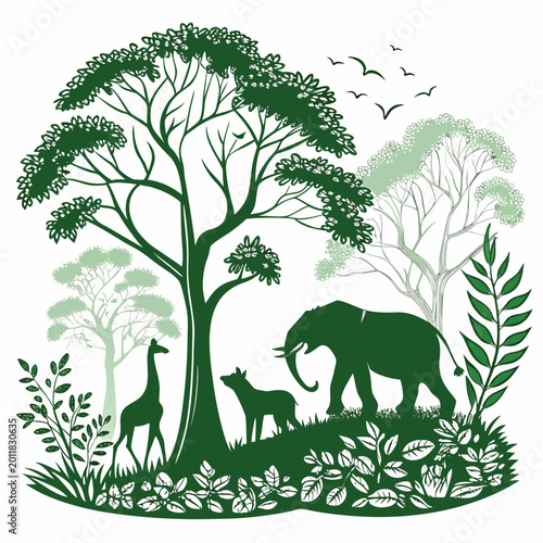 Photography green silhouette of wild animals and trees on white background