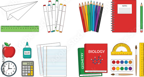 Obraz na płótnie Vector Illustration Set of School Supplies and Stationery Items including Notebo