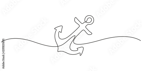 Konstfotografi Continuous One Line Drawing of a Nautical Anchor, Minimalist Sea Symbol on Wavy