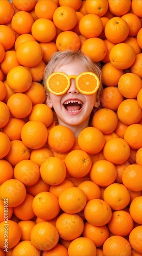 Vibrant portrait of a fair-haired youngster lying in a pile of oranges. Child wearing yellow glasses frames with orange slices as lenses while laughing. Creative food photography concept.