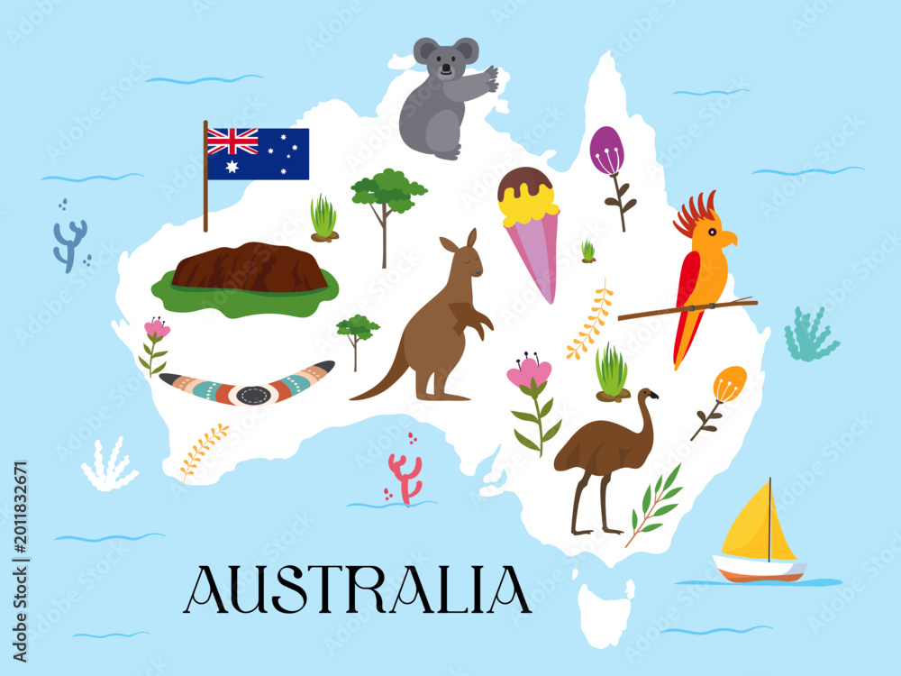 Fototapeta premium Australia famous symbol animal colorful illustration map destination travel australian