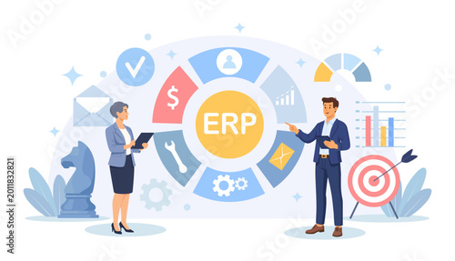 ERP Enterprise Resource Planning, Productivity. Business Integration, Productivity and Company Enhancement. Business Character Consulting of Financial Operation. Vector Illustration
