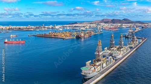 Aerial flyover abovef Port of Las Palmas; Oil Refinery, Drillships, and Global Maritime Logistics in the Canary Islands