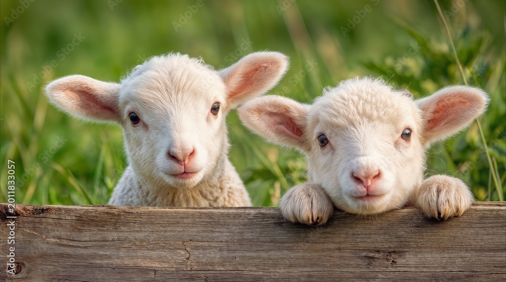 Obraz premium Pair of lambs peeking over wooden fence in green pasture. Farm animals in rural countryside setting during sunset.