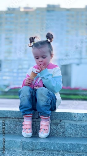 Cute little girl enjoying an ice cream cone while sitting on outdoor steps with residential buildings in the background. Summer childhood and urban lifestyle concept