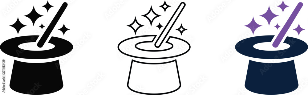 Fototapeta premium Magic trick hat with magic wand and sparkling stars vector icon set on transparent background.