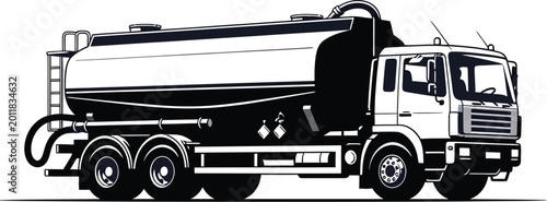 Black and white dump truck carrying dirt on a dirt road vector illustration