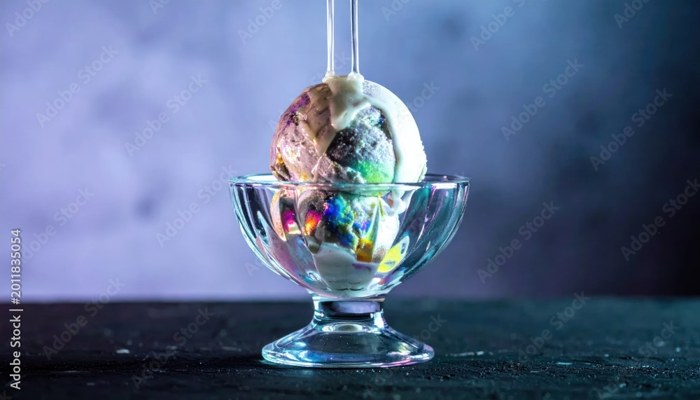 Fototapeta premium Colorful Melting Ice Cream Scoop Sitting in Glass Dessert Bowl on Dark Table