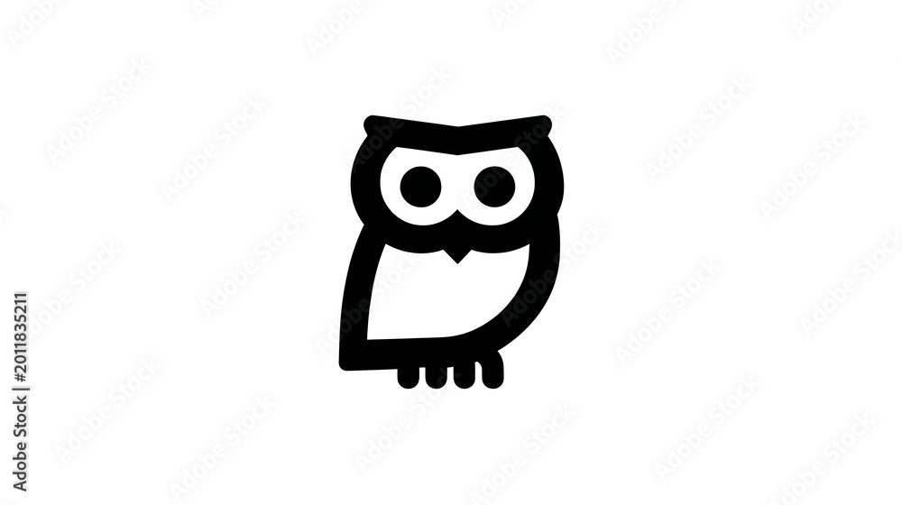 Obraz premium Minimalist black owl silhouette with large eyes isolated on a plain white background