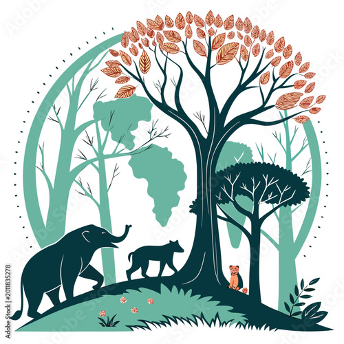 Photography Stylized forest scene with wild animals and world map illustration