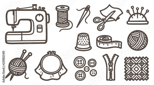 Vector illustration of various sewing and crafting tools on white background