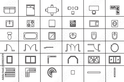 Collection of various architectural and construction icons and symbols in black line art on white background