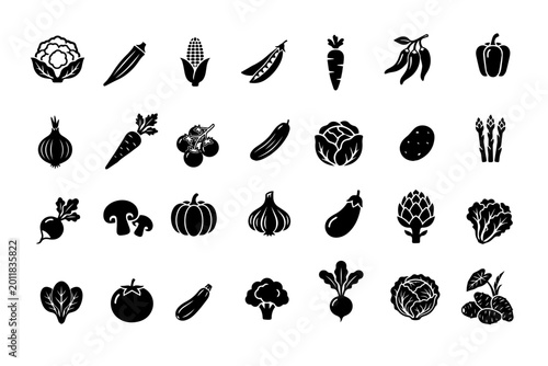 Vegetable Icons Set - Solid Black Food Glyphs