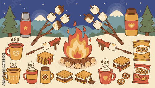 Camping Bonfire with Food and Drinks Illustration Vector Graphic