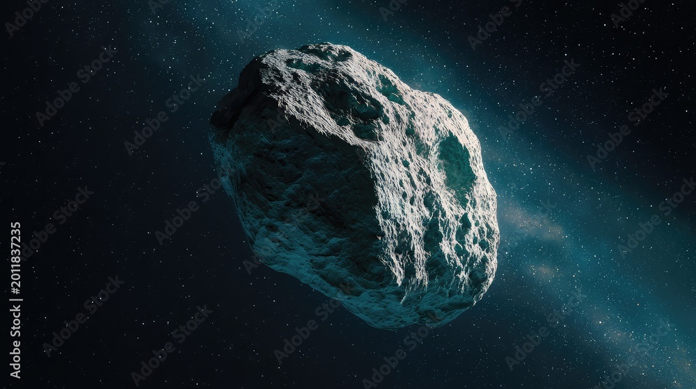 Fototapeta premium Asteroid drifting through the dark cosmos, its rough, cratered surface lit by distant stars and nebulae, evoking deep space exploration, motion and discovery
