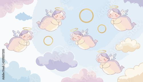 Cute Angel Illustration with Clouds and Golden Halos - Vector