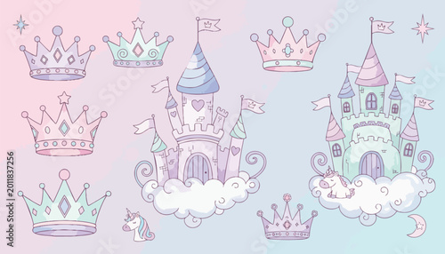 Princess Castle and Crown Watercolor Illustration Vector