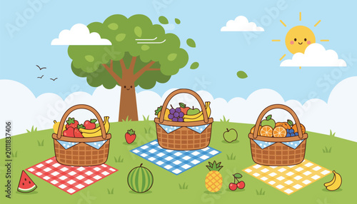 Cartoon Picnic Scene with Baskets of Fruit Vector Illustration