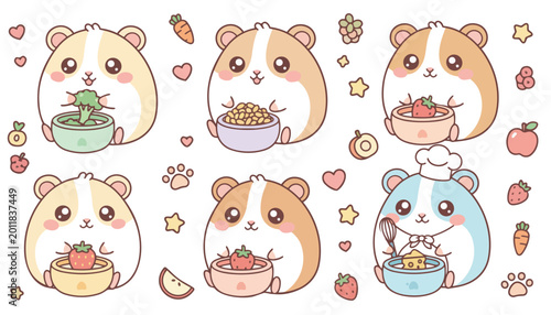 Cute Hamster Cartoon Illustration Set with Food Elements